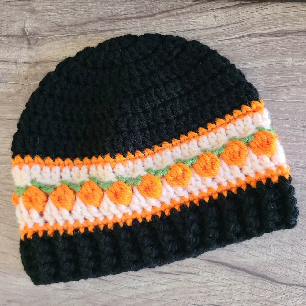 Handmade Pumpkin Patch Beanie, Black and Orange Baby Beanie, 3-6 Month, Crochet